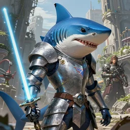 manga portrait of anthropomorphic thresher shark in knight armor, light saber, anime, blue thresher shark, overgrown city, fantasy, high detail, elegant, digital painting, natural light, vibrant, intricate, textured skin, highly detailed, artstation, sharp, focus, illustration, by anna dittmann, ilya kuvshinov, nikolay makovsky
