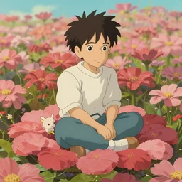 gabriel boric sitting at the flower made by studio ghibli, detail, high quality, detailed creature, beautiful scene, smooth