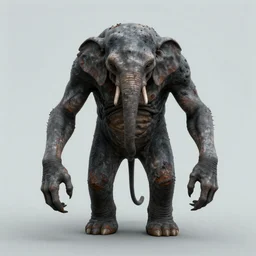 a creature with gray skin stained with soot and rust, with long arms and claws, stooped, similar to a Dementor, with thick dark elephant legs, with a wide massive neck and a small head, without eyes
