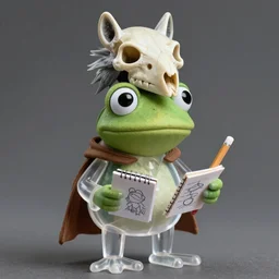 photorealistic real life frog cleric as a transparent mesh chibi muppet plush wearing a wolf skull on its head and carrying a tiny sketch book and pencil, photography, national geographic, sesame street