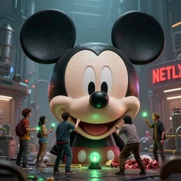 a group of people working on a giant mickey mouse bloody head, and meat by beeple, cgsociety, green lights in the foreground and a netflix sign in the background, dystopian art, by industrial light and magic, vfxfriday, 3 d render 8 k, detailed