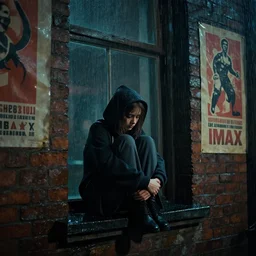 at night, sadie sink in hoodie sits on windowsill, knees tucked in | rain falls, old brick wall with ussr propaganda posters : imax film, anamorphic, single long shot from schindler's list by steven spielberg. cyberpunk, cinematic atmosphere, detailed and intricate, perfect anatomy