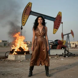 portrait photograph fashion in Kuwait oil fields fire burning. 1991.
