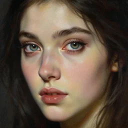 high quality extremely detailed closeup portrait of a young gorgeous female warlock looking away from the camera, detailed eyes, sparkle in eyes, no hands visible, fantasy, d & d, intricate, painting by lucian freud and mark brooks, hd