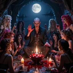 midnight moonlight cellar photorealistic detailed matte painting portrait of wan! bald british man surrounded by tweakers!! addicts!! groupies! performing ritual blood!! magic! greg rutkowski artstation hdr vivid color vaporwave ( ( ( alphonse mucha ) ) )