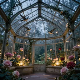 glass greenhouse, another world, birds, roses, fairy tale, evening lights, highly detailed, low angle view, artstation, mysterious, comfort, in the style of aetherpunk