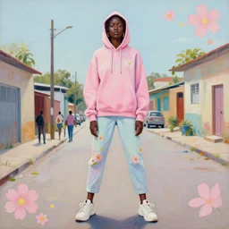 painting by martine johanna of yolandi visser wearing a hoodie standing in a township street in the style of jeremy mann, street clothing, haute couture! fashion!, full figure painting by tom bagshaw, tara mcpherson, david choe, decorative flowers, pastel color palette, die antwoord
