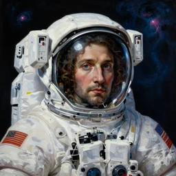 a close - up view, renaissance portrait of a space astronaut surrounded by nebula. deep blue and pink tones. gloomy dark black background. highly detailed fantasy science fiction portrait painting by moebius, syd mead and mikhail vrubel. rich colors, high contrast. artstation