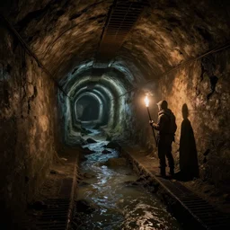 an adventurer with a torch stands in a long twisting sewer tunnel. a waist - deep stream with brackish water flows through. fantasy art, underground, crumbling masonry, bleak, sewage falling from grates, abandoned spaces, torchlight. parlainth, darkest dungeon.