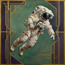 insane _ detail _ textured _ art _ deco _ painting _ of _ astronaut _ full _ body _ flying _ from _ bottom _ left _ to _ top _ right _ muted _ greens _ and _ browns _ geometric _ gold _ and _ deep _ purple