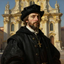 dramatic oil matte portrait painting, plague doctor outside a baroque cathedral, detailed faces, wonderful masterpiece highly detailed, beautiful cinematic light deep focus, elegant, smooth, sharp focus, golden ratio, dramatic illumination, ultra realistic, 8 k, art by salvator rosa and caravaggio