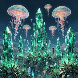 epic wide angle view of the fractal universe, vast symmetrical fractal landscape, cristalline emerald columns in the sky with giant bioluminescent jelly fishes levitating, art by marc simonetti and pascal campion, studio ghibli vibe, dynamic lighting, glow, trending artstation, octane rendering, unreal 5, realistic, high definition, digital art, hdri