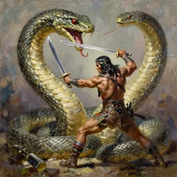 oil painting by frank frazetta, conan with a sword fighting against a giant snake