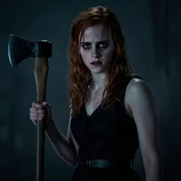 Emma Watson as a killer in a psychological horror movie, cinematic lighting, blood droplets, holding an axe, creepy