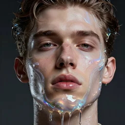 neo baroque extreme close up of gorgeous hyperrealistic male head melts like iridescent ice cream, digital art masterpiece, highly detailed neo pop surrealism, jason limon kay sage hannah yata, dramatic lighting, low angle, uhd 8 k, sharp focus