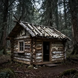 a log cabin build of bones and skin in a dark horror forest