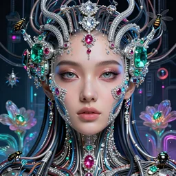 very beautiful woman integrating with technology, full face frontal centered, portrait, insipiring, detailed intricate ornate cables connected to head, big open electric eyes, luxurious detailed abundent wiring and implants, diamonds, ruby, sci - fi,!! neon, emeralds, detailed technology background with cyber flowers and insects, highly detailed, artstation, 8 k, by lalique rene
