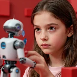 closeup face portrait of a young girl playing with a robot, nicoletta ceccoli, mark ryden, lostfish, max fleischer, depth of field, detailed and intricate red square environment, 8 k resolution, hyperrealistic, octane render