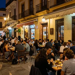 a busy side street in valencia, people outside eating meals, taverns nighttime lifestyle, photorealistic,
