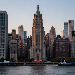 view of neo - gothic new york city with neons decorating buildings from hudson river, hyperdetailed, artstation, cgsociety, 8 k