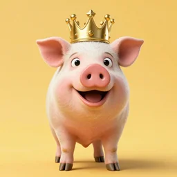 studio photograph of a smiling pig depicted as a muppet wearing a gold crown with a yellow background, front view
