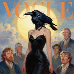morning, a woman in a black dress with a raven head. no face. sun, cinematic, clouds, vogue cover style, contracting colors mood, realistic painting, intricate oil painting, high detail, figurative art, poster art, by simon bisley, ismail inceoglu, wadim kashin, filip hodas. pixar theme.
