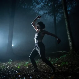 a smudged, scratched, grainy and blurry photograph showing the whole body of a human dynamically and frenetically dancing in the dark forest. it's a wild and unpredictable dance. in the foggy woods, night time, flash lights, long exposure
