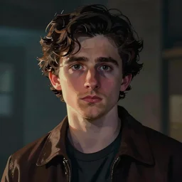 movie still with timothee chalamet in fargo, close up, rim lighting, portrait, sinister atmospheric lighting. highly detailed painting by greg rutkowski, anime style