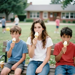 a photograph for advertising of multicultural kids on a bench eating ice cream shot by annie leibovitz, shallow depth of field, background school yard, kodak porto 4 0 0 film stock, zeiss 8 5 mm f 1. 2 color corrected and pts processed