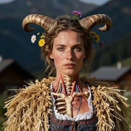 portrait of a tyrolean female farmer wearing hay coat with horns, visible muscles and veins and arteries and bones and spines and nerves, eerie flowers growing from head, horns from head