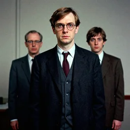 image of gilbert and george being possessed by the ghost of alan turing, chromatic aberration, noise, butcher billy style