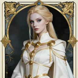 portrait of a sexy priestess in ornamental white robes, gold accessories, face details, blond hair, ponytail, white skin, blue eyes, dark fantasy, sharp focus, award - winning, masterpiece, highly detailed, intricate, by rebecca guay, rossdraws, tarot card border