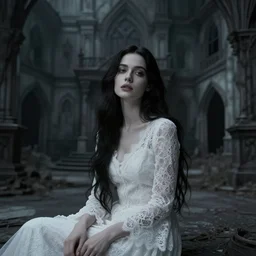 cinestill 5 0 d wide photo portrait of a dreamy beautiful woman sitting in a dystopian abandoned gothic haunted house by coppola, long hair, wearing white lace, elegant, highly detailed, pale black tonal matt cinematic colors, soft blur, artstation, sharp focus, head in focus,