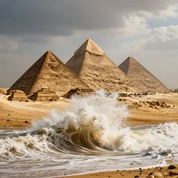 giant waves crashing over the gizah pyramids, cinematic, hyper realistic, dramatic light,