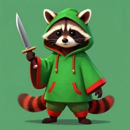 a raccoon in a green, hooded rouge outfit with red accents holding dagger, trending on art station