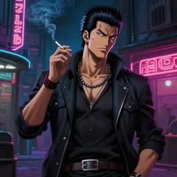 yakuza gangster character smoking cigarette while standing outside of a nightclub, the boondocks concept art, by kse 3 3 2, trending on artstation, stylized but realistic face and anatomy, masterpiece, intricate brush strokes, dramatic cinematic lighting, neon signs, japanese cyberpunk aesthetic, anime influenced