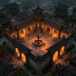 the square of a medieval chinese village with a well in the center, arches, orange light, highly detailed, cinematic lighting, render, fantasy