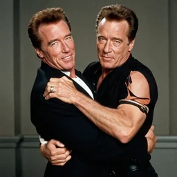 Vincent Price holding Arnold Schwarzenegger in a headlock