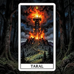 a dark tower on fire upon a hill surrounded by a dark forest , high fantasy, drawn by Kentaro Miura, Tarot card