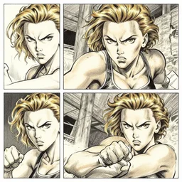 3 panels of scarlett johansson with angry expression, fighting in the boondocks anime. dramatic lighting, anime style, pencil and ink manga drawing,