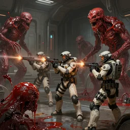 concept art by greg rutkowski, soldiers wearing futuristic white and black tactical gear, shooting monsters made of reddish ooze, brutalist futuristic interior, dim lighting, detailed portraits, nostalgic atmosphere, scifi, digital painting, artstation, concept art, smooth, sharp foccus ilustration, artstation hq