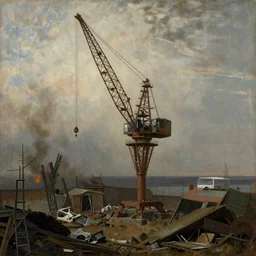 a crane in a postapocalyptic world painted by rembrandt