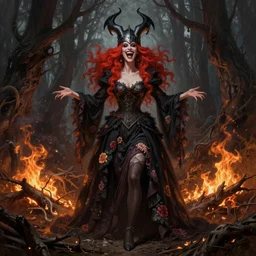 full body shot, malevolent witch facing front laughing maniacally, red hair, crow helmet, floral dress, dead forest on fire, fantasy, intricate, photorealistic, elegant, stylish, highly detailed, digital painting, artstation, concept art, smooth, sharp focus, illustration, art by artgerm and greg rutkowski and terese nielsen