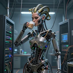 the upper torso of a terminator cyborg lady with borg implants, human face and robotic snakes coming out of her head. She is hanging from cables and wires off the ceiling of an lab and plugged into a server computer. Her bottom half is missing with cables hanging out. She is taking a sip from a cup of coffee. Tiny green led lights in her cybernetics. very detailed 8k. Horror cyberpunk style.