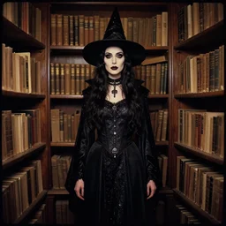 lomography, full body portrait photo of women like reol wearing gothic sorceress robes and a pointy hat by gustav klimt in a library, open books, moody, realistic, dark, skin tinted a warm tone, hdr, rounded eyes, detailed facial features