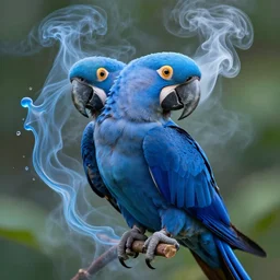 realistic blue parrot, merging steam smoke motion, fluids flowing, intricate, hyper realistic, 1 6 k, post processing, saturated blue colors, nature background