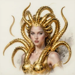 realistic portrait of beautiful hydra, golden, delicate, facing camera, hyper realism, 1 4 5 0, ink, ultra realistic, 8 k