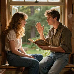 beguiling handsome man sitting on a window sill asking a fair beautiful young woman to join him so he can read her palm, enchanting, warm cabin, set in the 8 0 s, artists impression, romantic