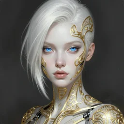 futuristic woman android portrait, sci-fi female, striking azure eyes, face, short platinum hair tomboy, cyberpunk femme fatale, intricate, elegant lady with alabaster skin, highly detailed gold filigree, digital painting, artstation, concept art, smooth, sharp focus, illustration, studio photo by artgerm and greg rutkowski and alphonse mucha:3, overexposed, dark, gray, monochrome:-2