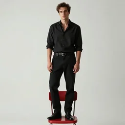 a man standing on the red chair, white background